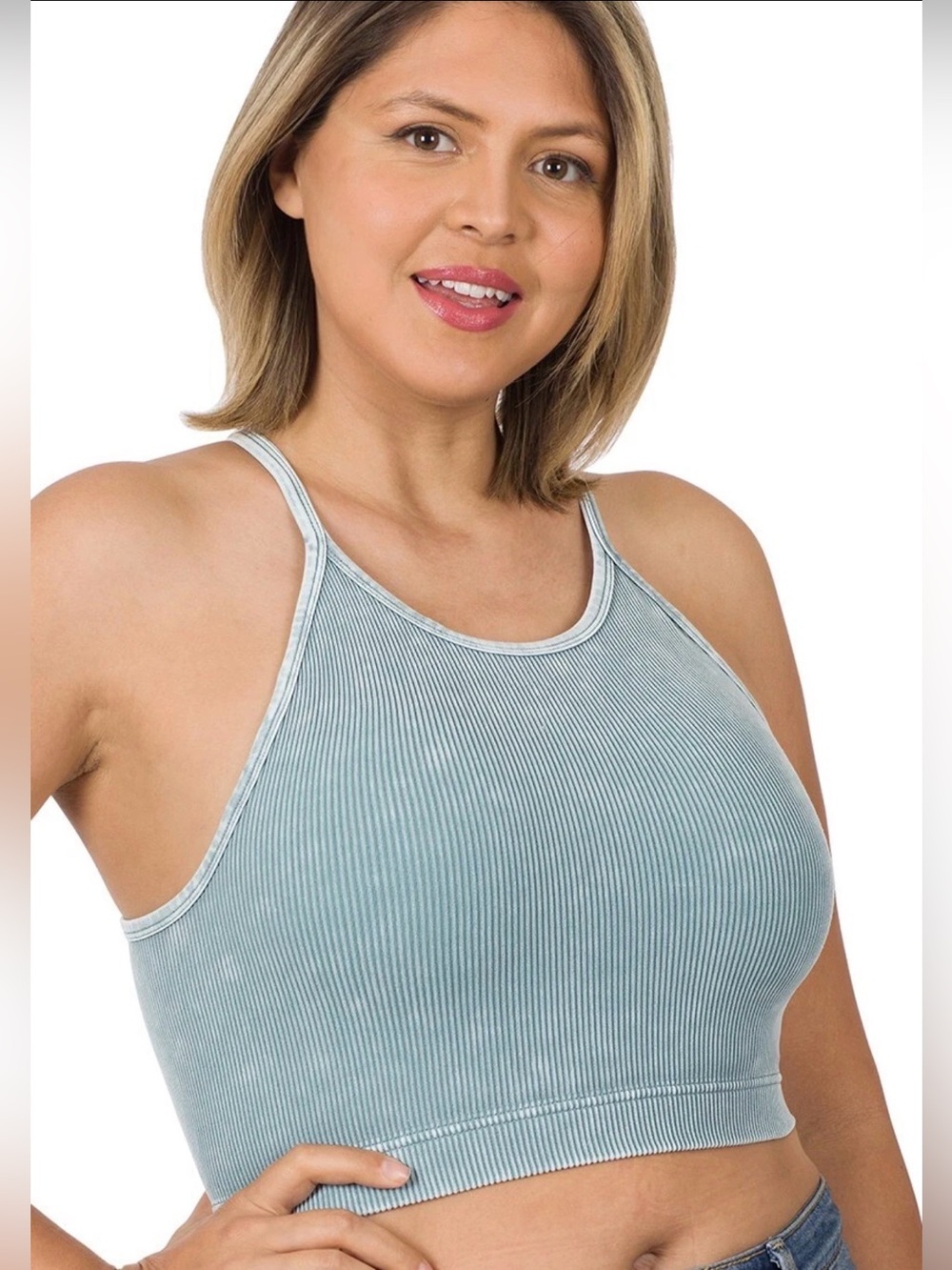 Mineral Wash Seamless Ribbed High-Neck Crop Bralette 1x/2x and 2x/3x